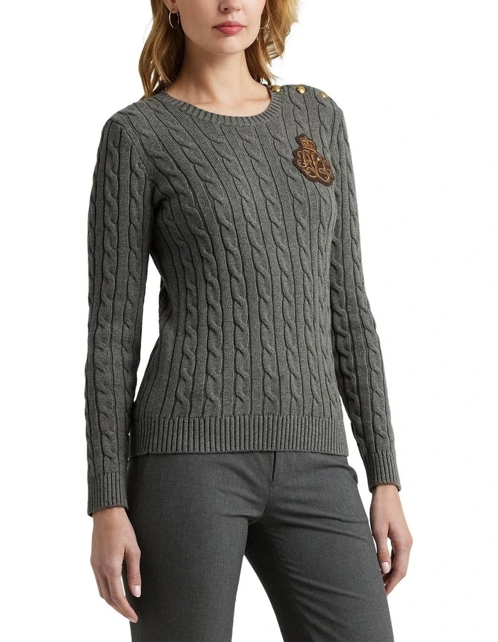 Button-Trim Cable-Knit Cotton Sweater in Grey