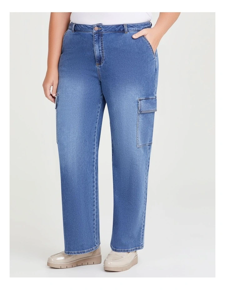 Cotton Cargo Wide Leg Jean in Classic Blue