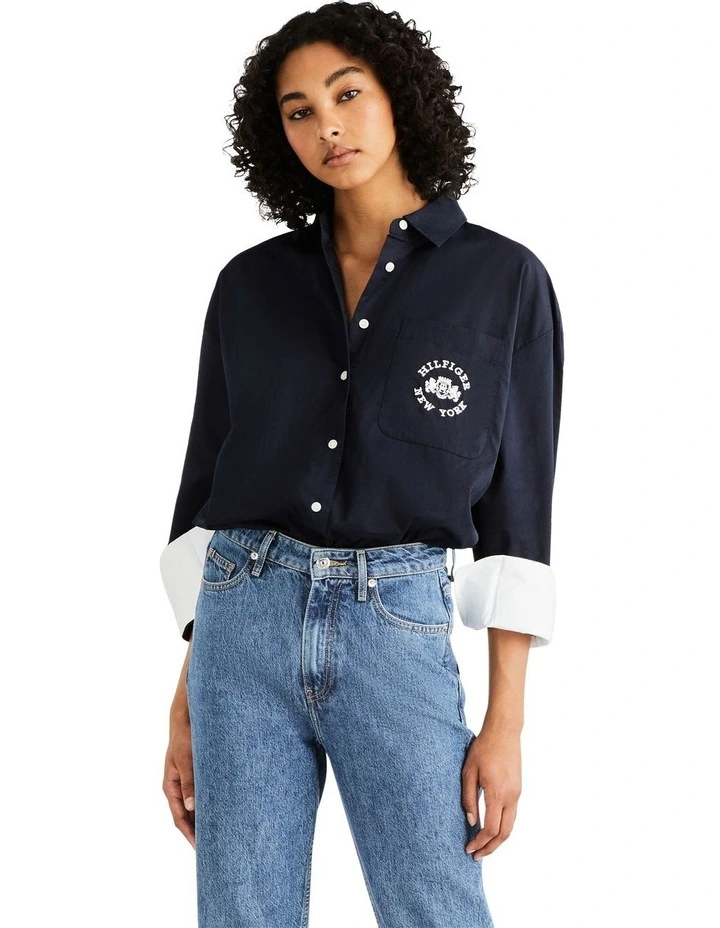 Varsity Patch Pocket Oversized Shirt in Blue