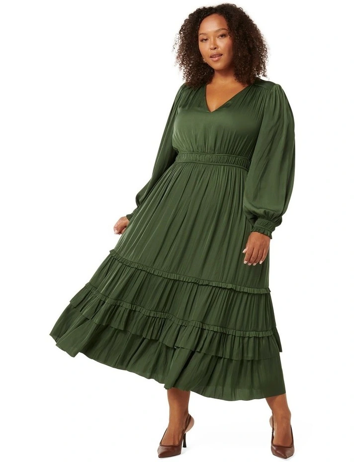 Eleanor Pleated Waist Midi Dress in Green