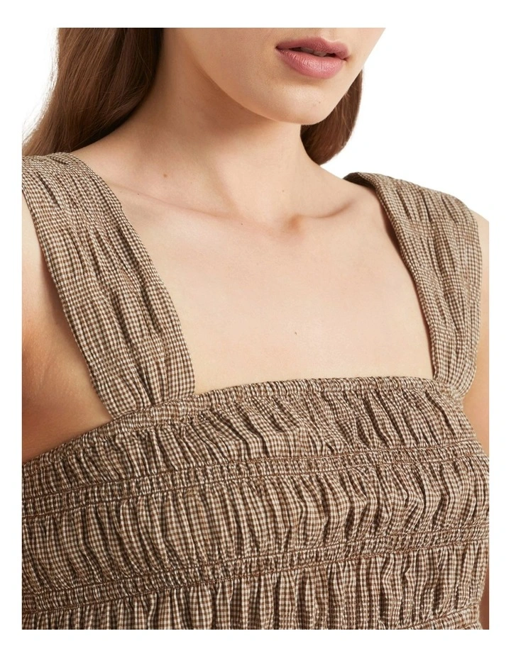 Textured Gingham Shirred Bodice in Brown