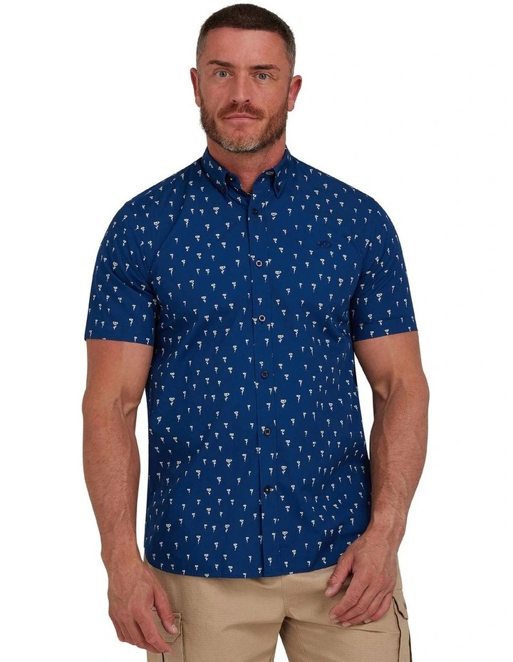 Daisy Print Cotton Poplin Short Sleeve Shirt in Navy