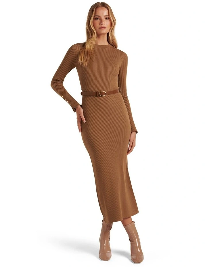 Hannah Belted Midi Knit Dress in Brown