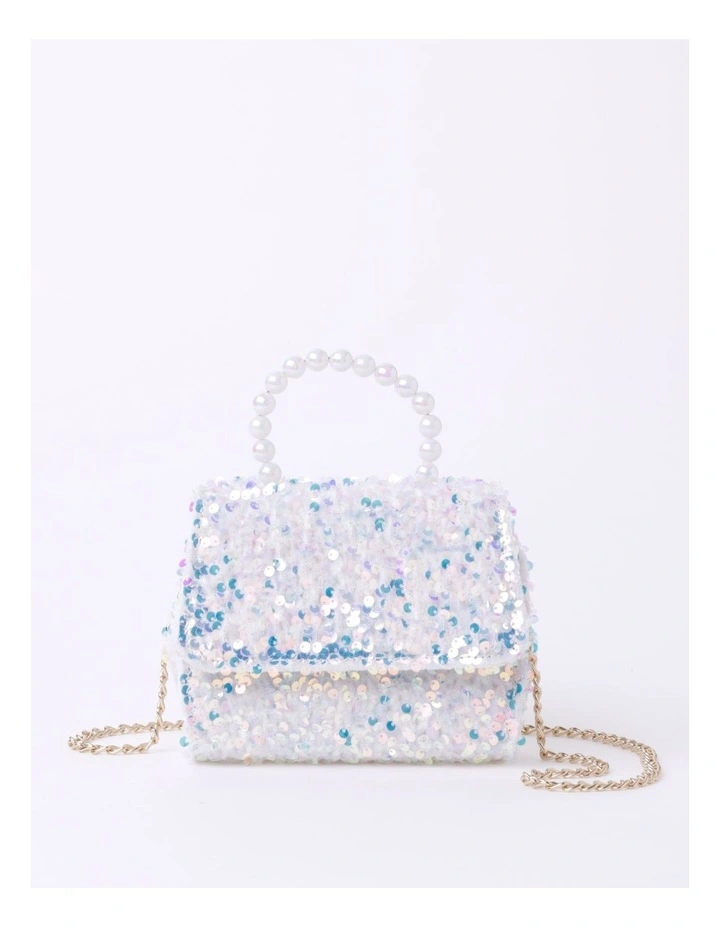 Sequin Pearl Handle Bag In White