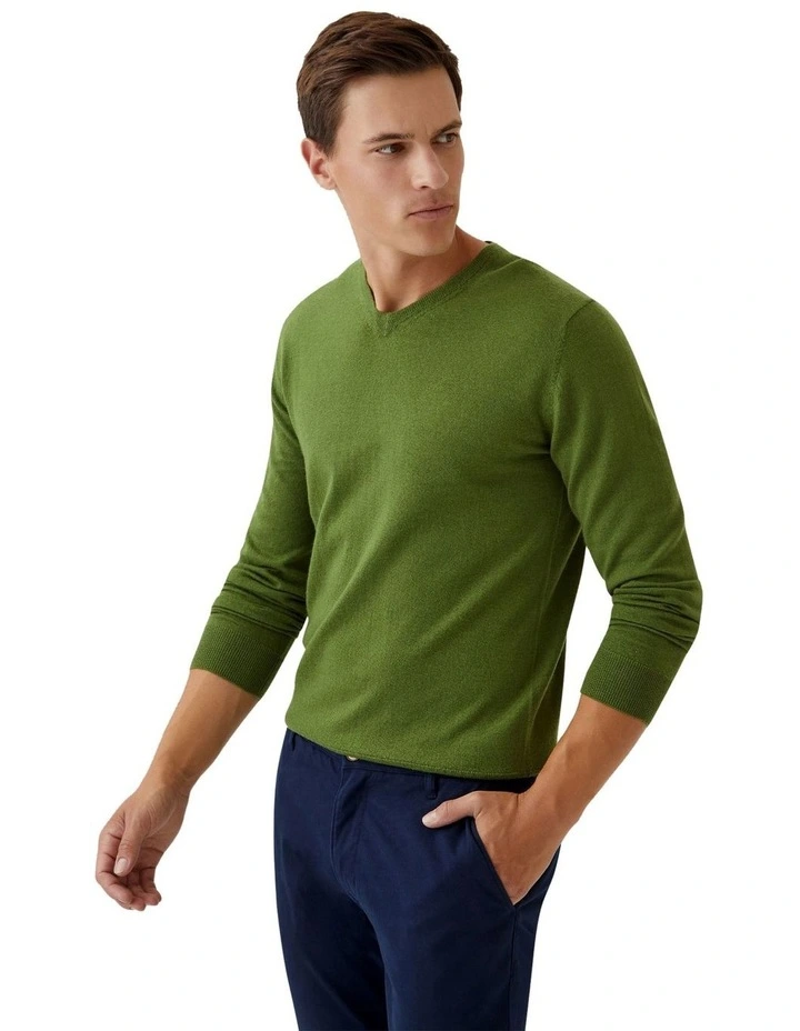 V-Neck Pure Merino Wool Pullover in Olive Green