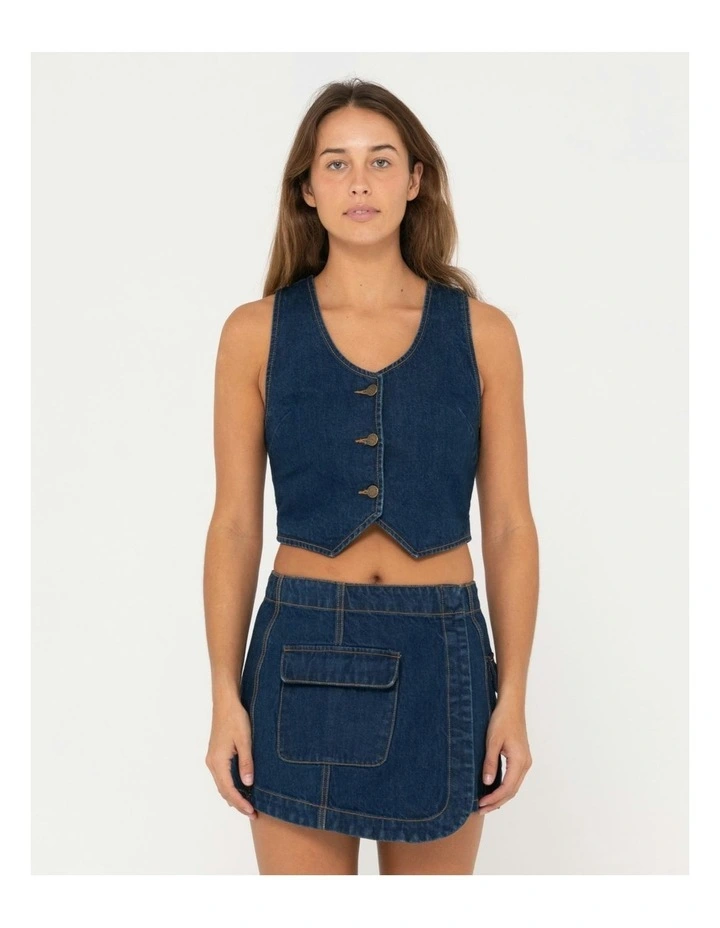 Ryley Cropped Button Down Denim Vest in Blue