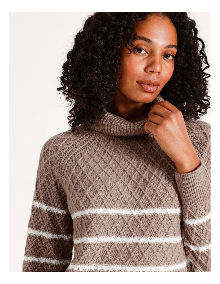 Recycled Blend Roll Neck Cable Stripe Jumper in Taupe Gray/White Stripe