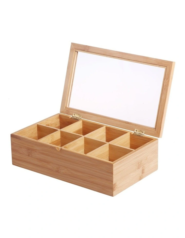 Bamboo 8 Compartment Tea Box With Window 31.6x19x9.6cm in Natural Brown
