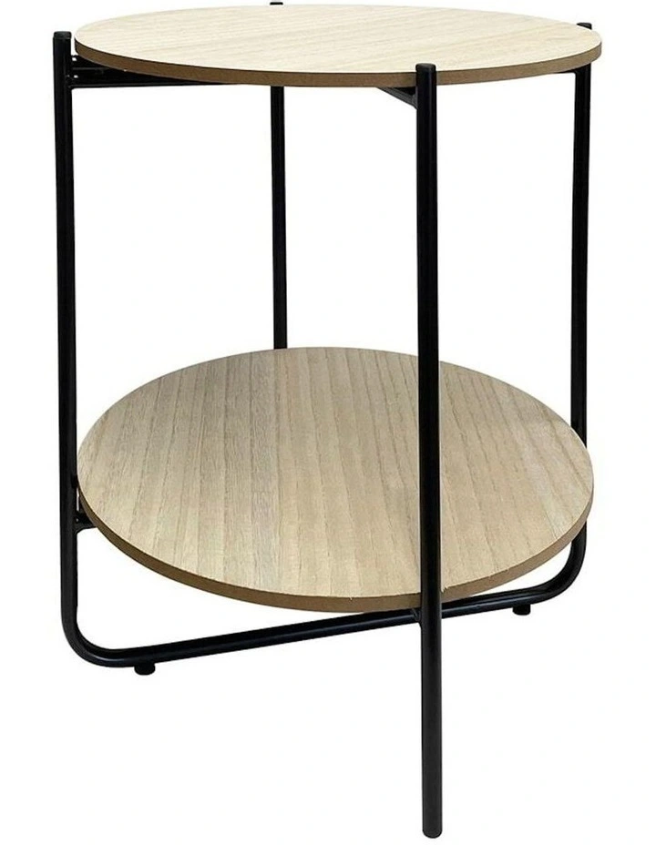Round Metal MDF Side Table With Shelf in Brown