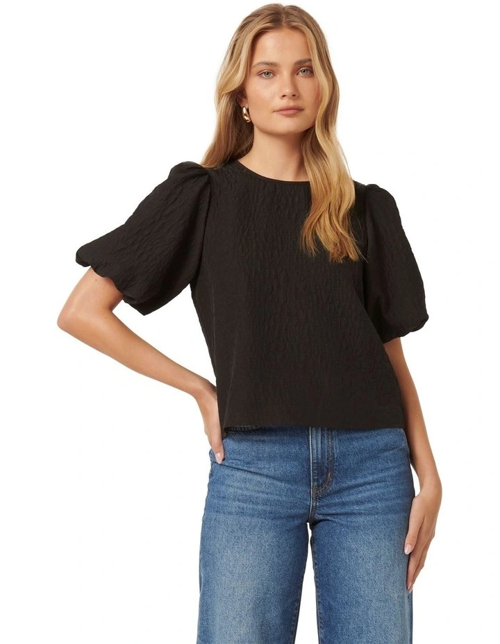 Nara Textured Bubble Sleeves Top in Black