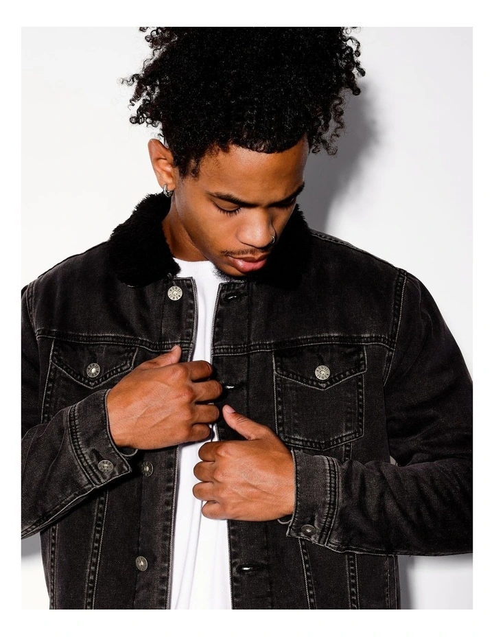 Garret Denim Sherpa Jacket in Black