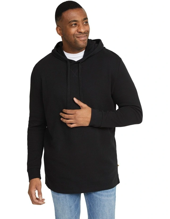 Waffle Hooded Long Sleeve Top in Black