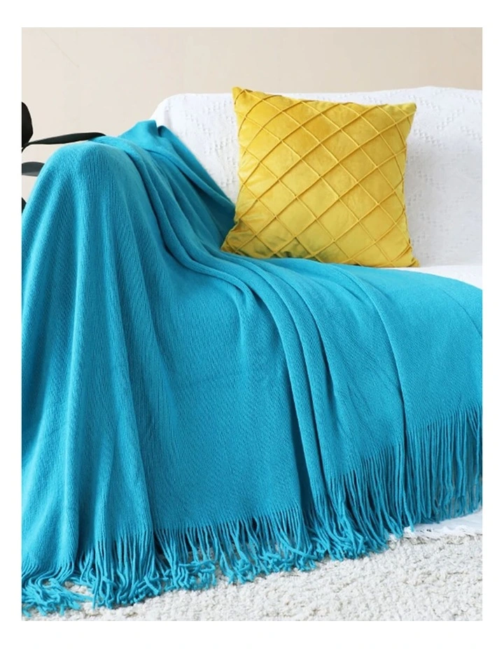 Acrylic Solid Knitted Throw Blanket in Blue