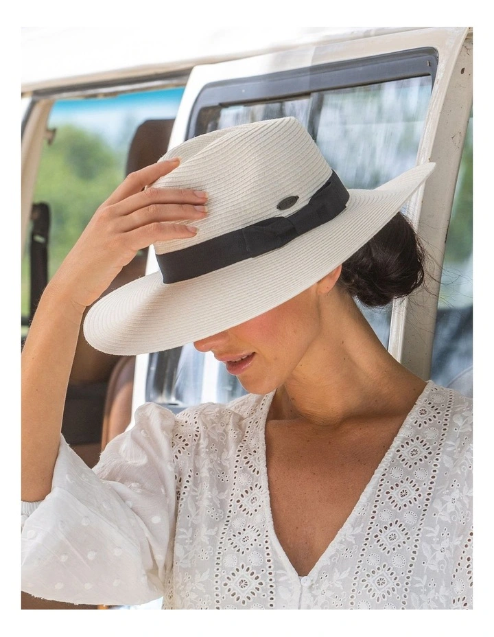Fiona Wide Brim Fedora Hat in Ivory/Black