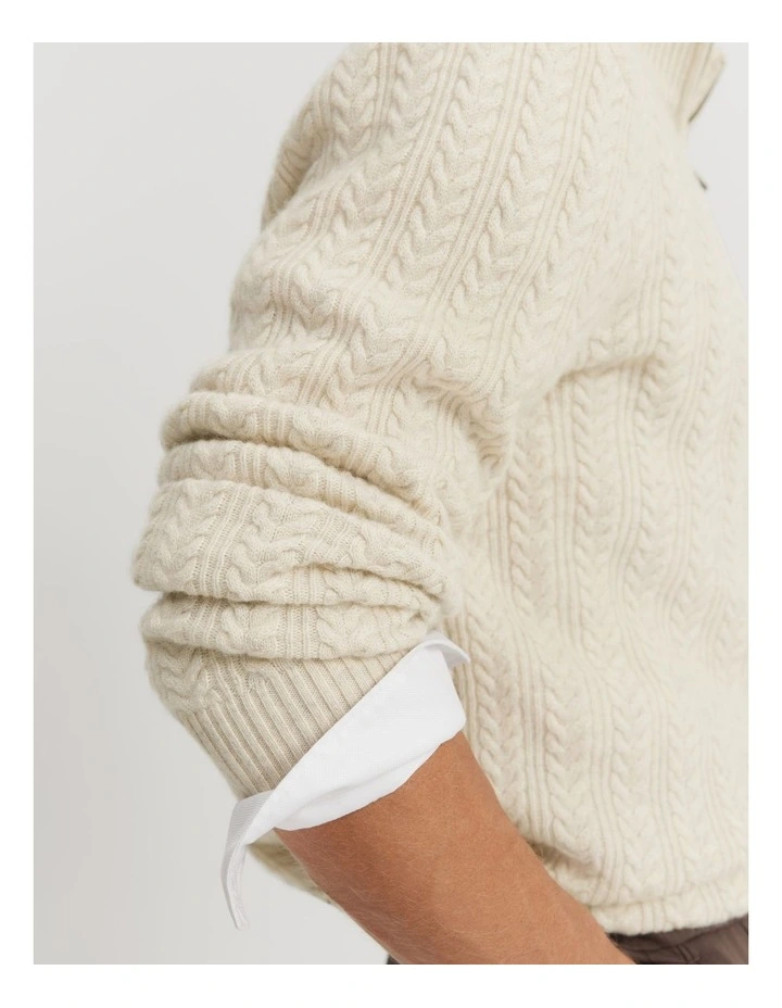 Gcs-certified Cashmere Wool Blend Cable Half Zip Knit in Cream Melange