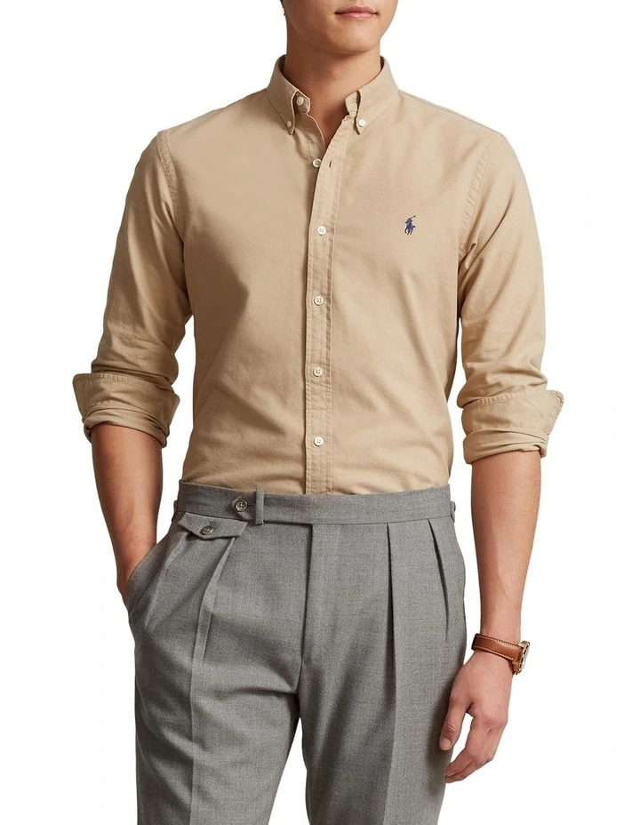 Slim Fit Garment Dyed Oxford Shirt in Beige