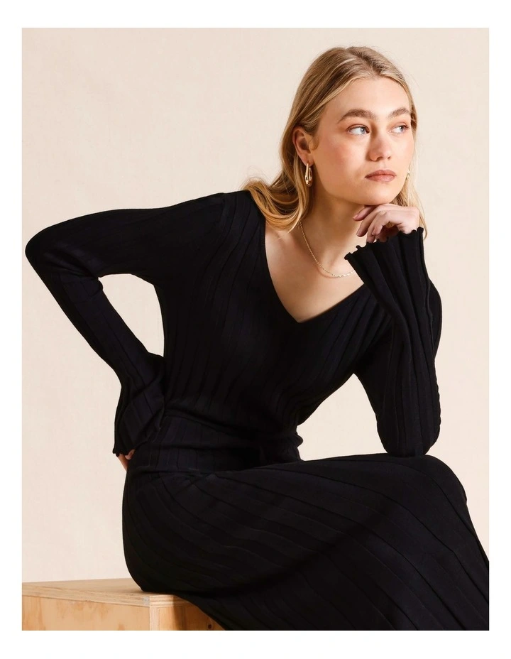 Long Rib V-Neck Dress in Black