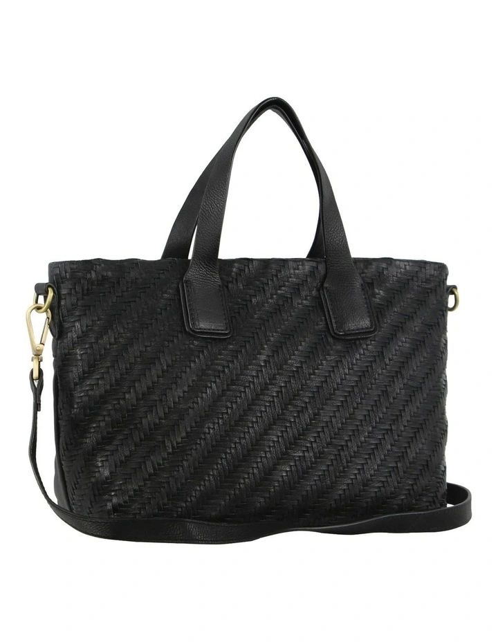 Woven Embossed Leather Tote Bag in Black