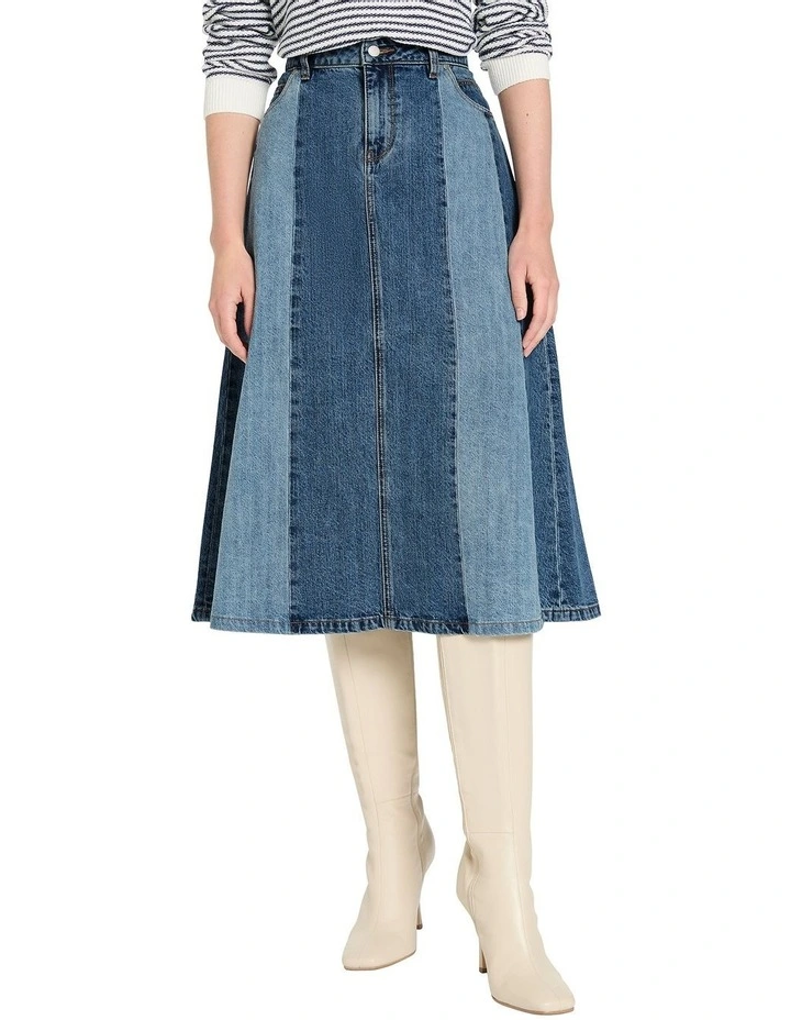 Amerie Panelled Denim Skirt in Blue