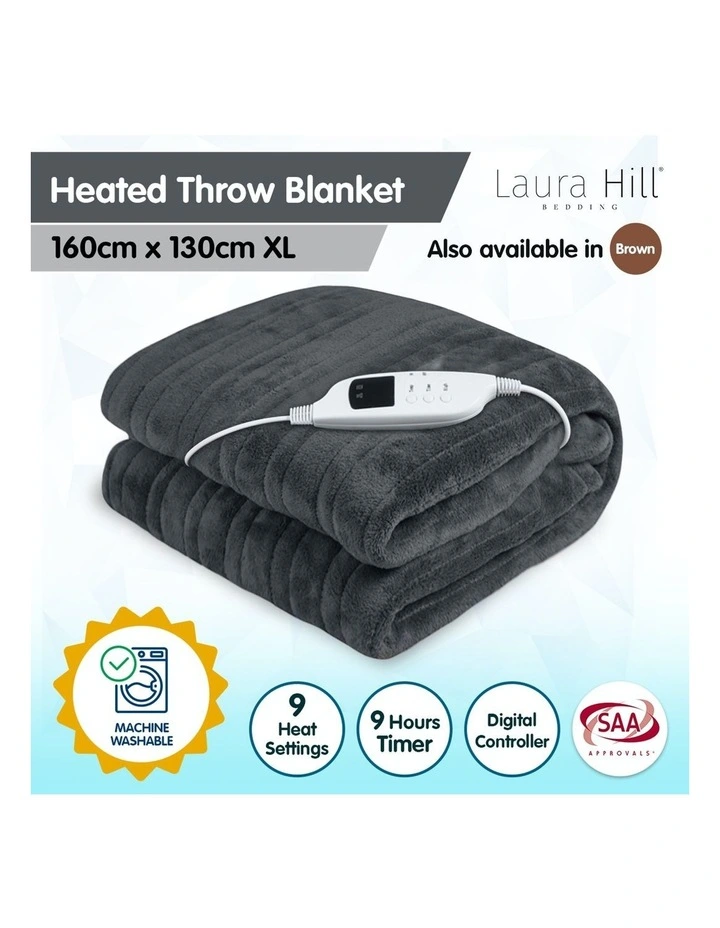 Heated Electric Blanket Throw Rug Coral Warm Fleece Winter Grey