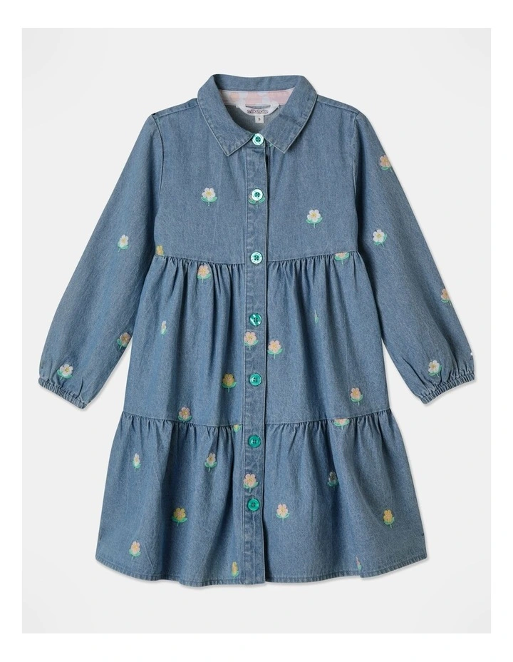 Chambray Dress with Floral Embroidery (3-8 Years) in Denim
