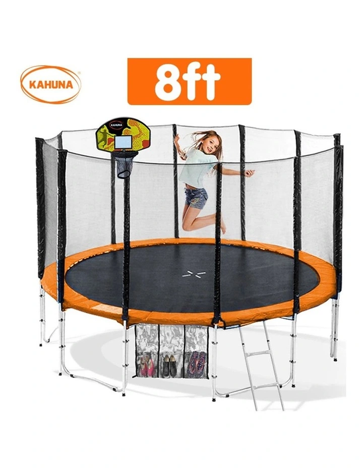 8ft Round Spring Trampoline with Net, Pad, Ladder and Basketball Set Orange
