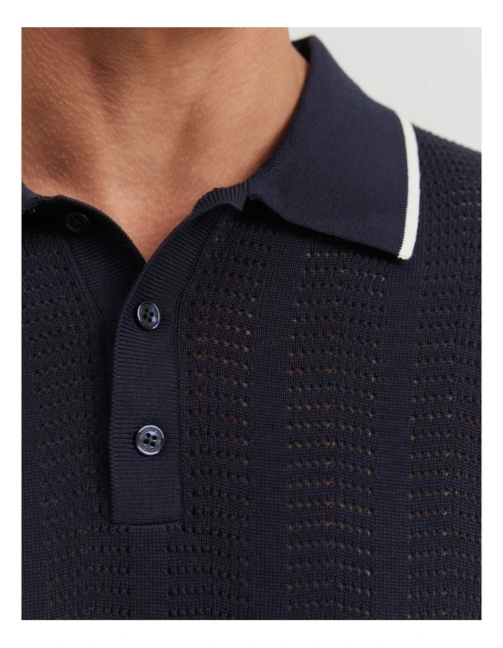 Cotton Silk Textured Stripe Polo Shirt in Navy