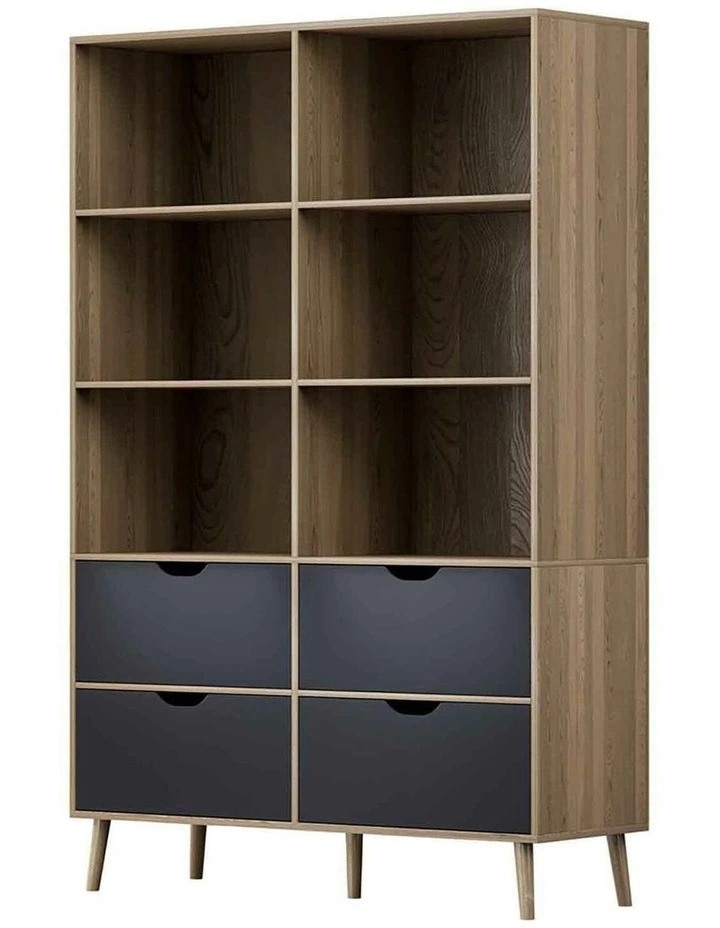 Bookshelf with 4 Drawer in Oak and Blue