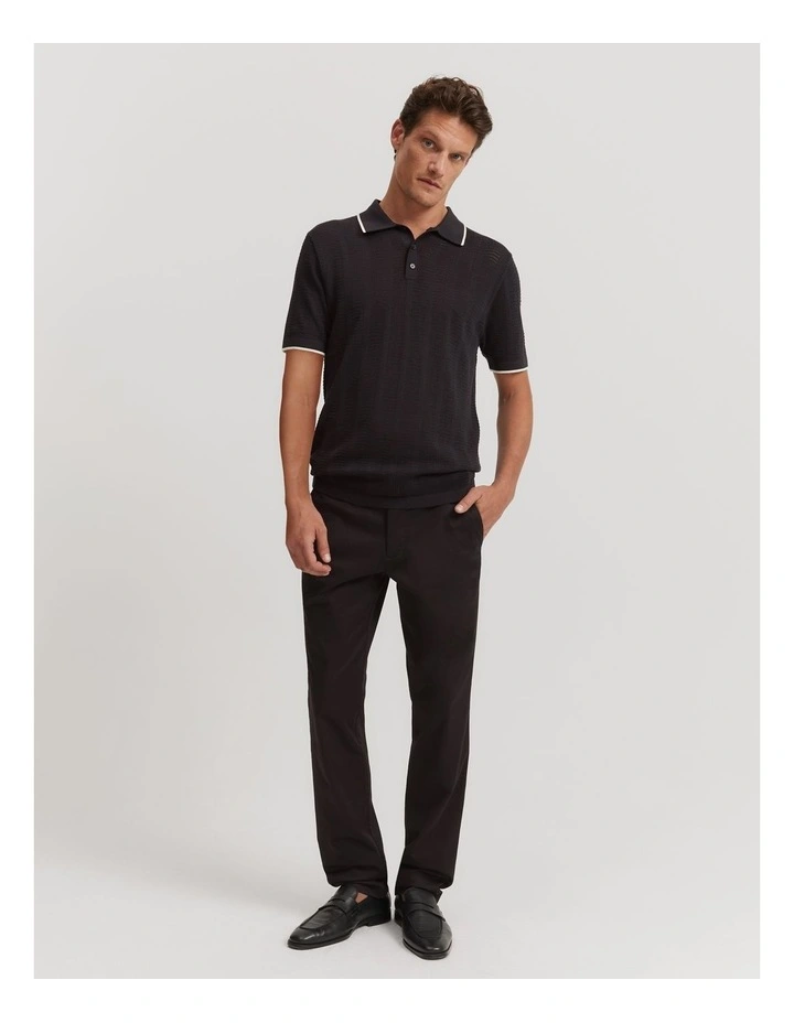 Cotton Silk Textured Stripe Polo Shirt in Black