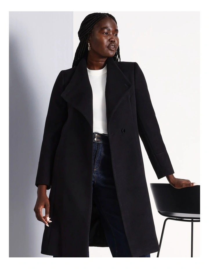 Funnel Neck Wrap Coat in Black