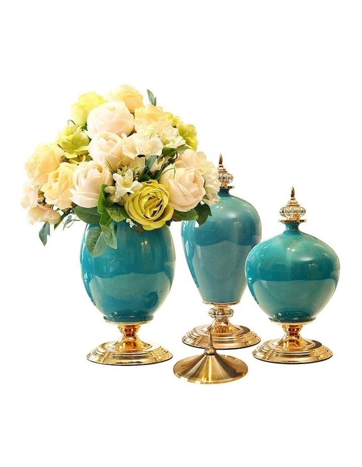 3x Ceramic Oval Flower Vase with White Flower Set in Green