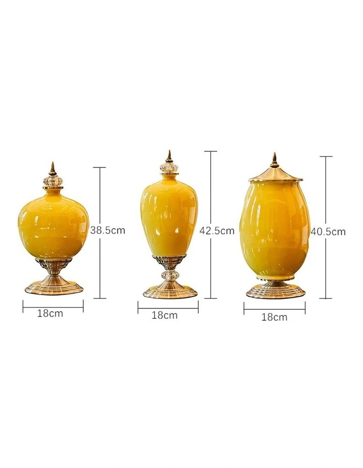 3x Ceramic Oval Flower Vase with White Flower Set in Yellow