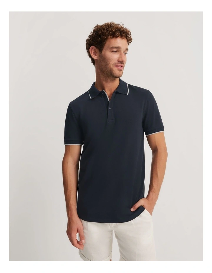 Slim Fit Stretch Pique Polo Shirt in Navy