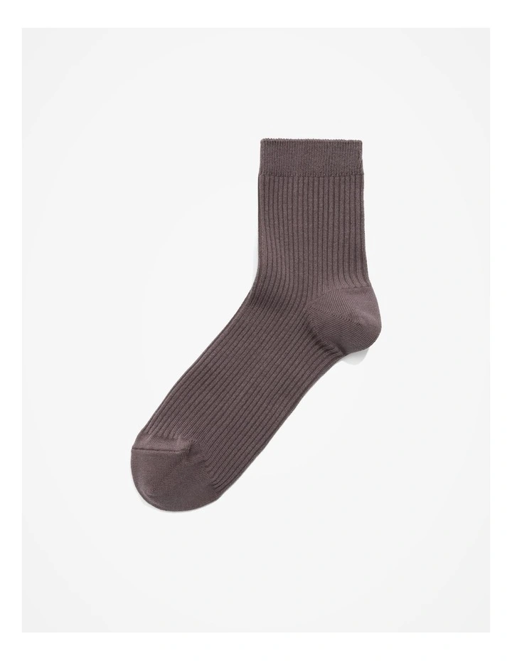 Australian Cotton Blend Ribbed Quarter Crew Sock in Truffle