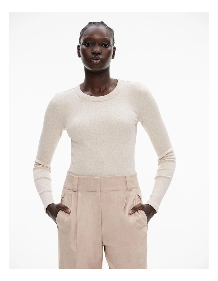 Cotton Long Sleeve Rib Top in Oatmeal Marle