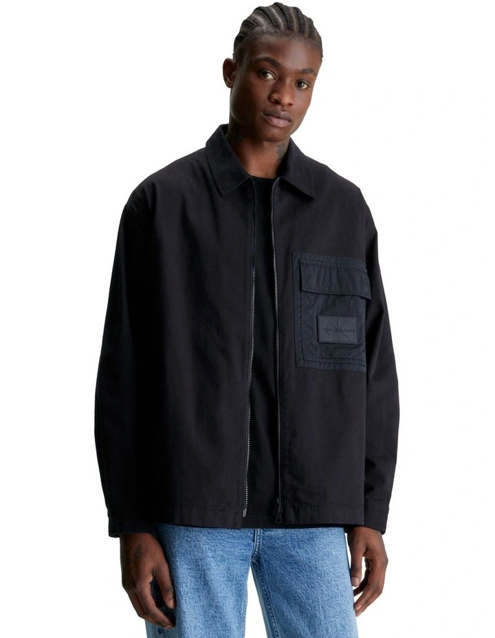 Mix Media Zip Through Overshirt in Black