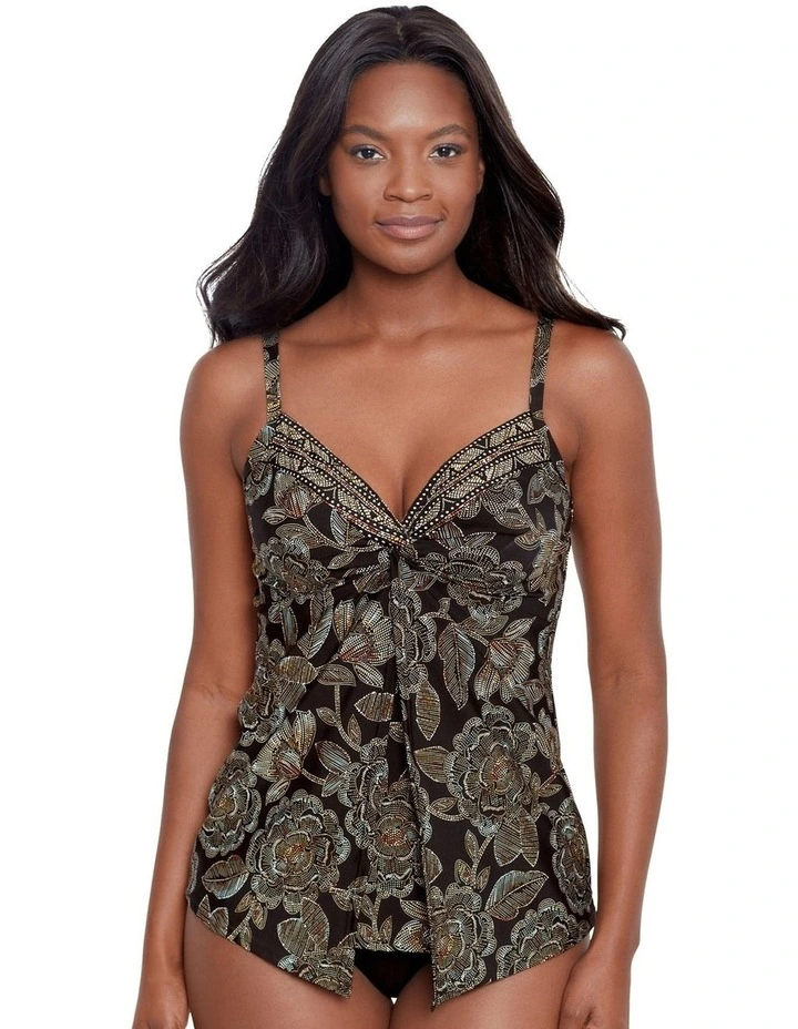 Petal Pusher Love Knot Slimming Underwired Tankini Top in Black Multi