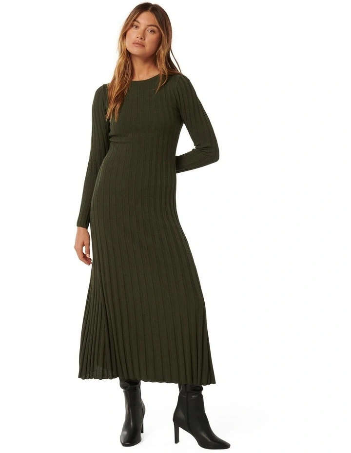 Lyla Crew Neck Detail Knit Dress in Green