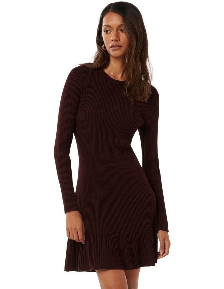 Tate Ribbed Knit Mini Dress in Brown