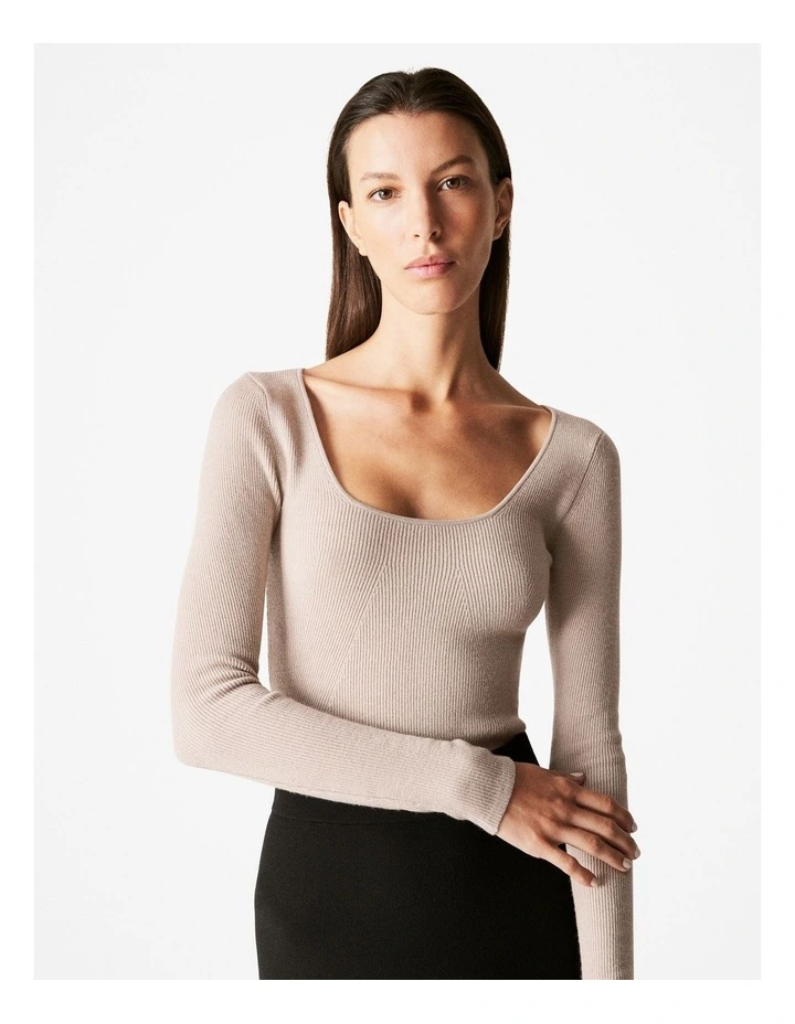 Merino Blend Scoop Neck Long Sleeve Knit in Cinder