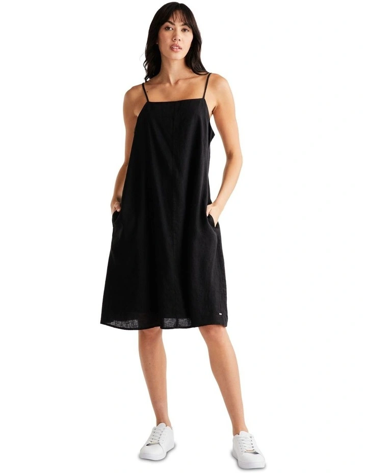 Feminine Strappy Linen Dress in Black
