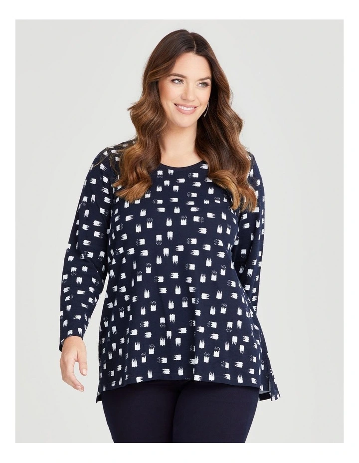 Cotton Brushstroke Print Top in Navy/off White