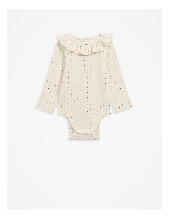 Organically Grown Cotton Frill Rib Long Sleeve Bodysuit in Marsh Mini Geo