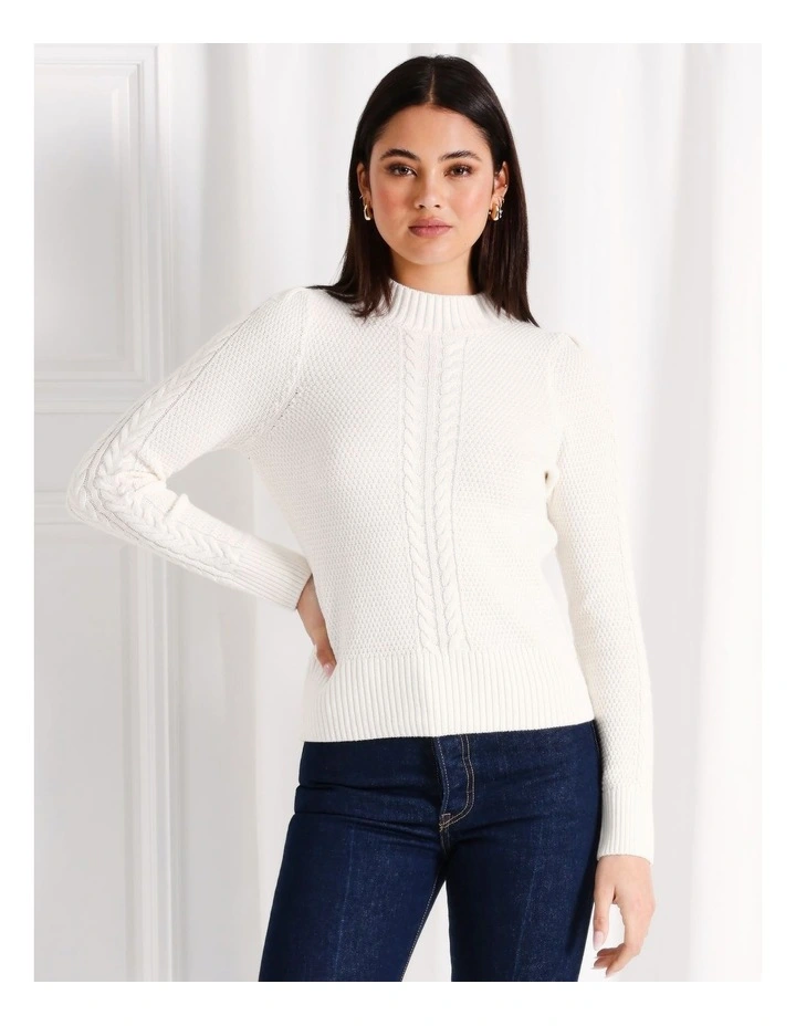Organic Cotton Blend Braid Detail Knit Jumper in Stone