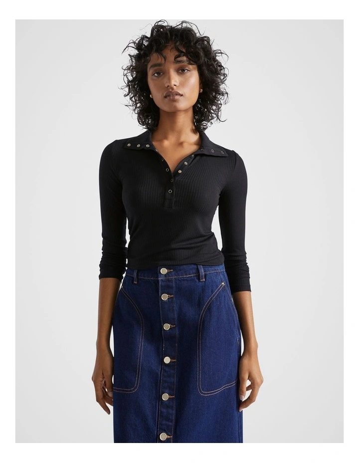 Core Rib Henley Top in Black