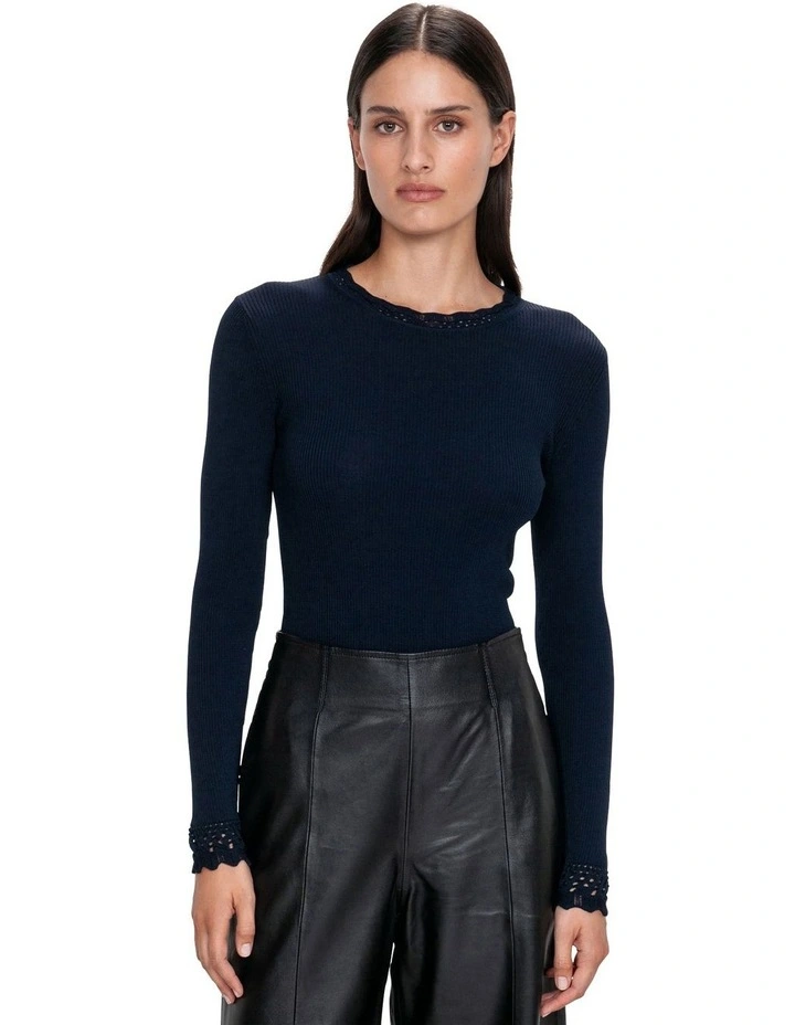 Long Sleeve Lace Trim Knit in Dark Ink