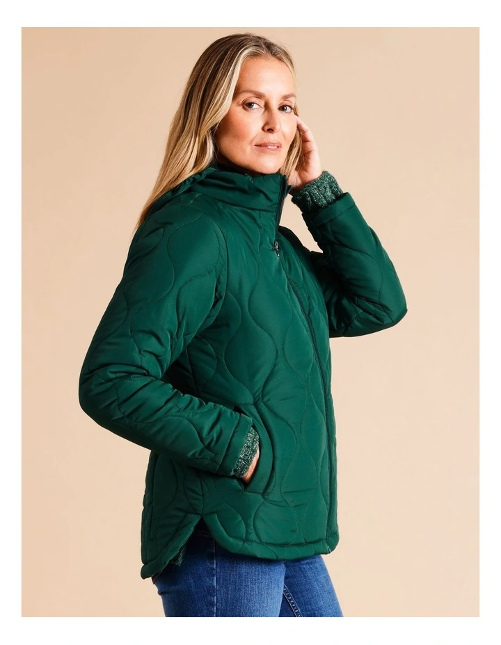 Recycled Polyester Short Quilted Jacket With Packaway Hood In Pine