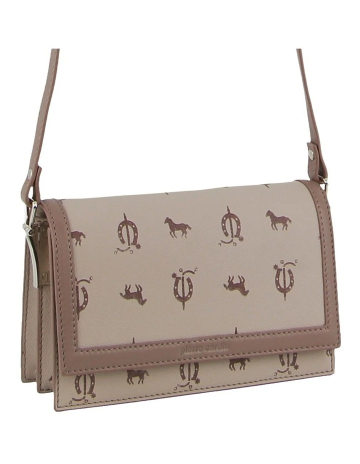 Canvas Print Leather Trim Flap Cross-Body Bag in Beige