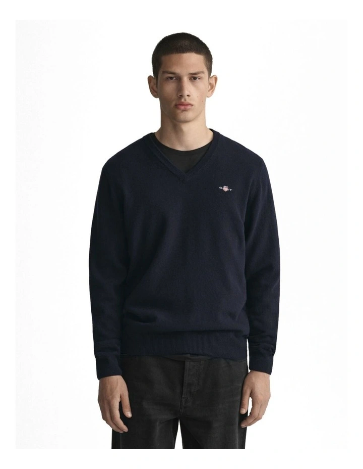 Superfine Lambswool V-Neck Sweater in Marine Melange