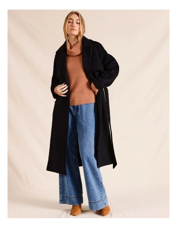 Double Breasted Tie Front Heavy Coat in Black
